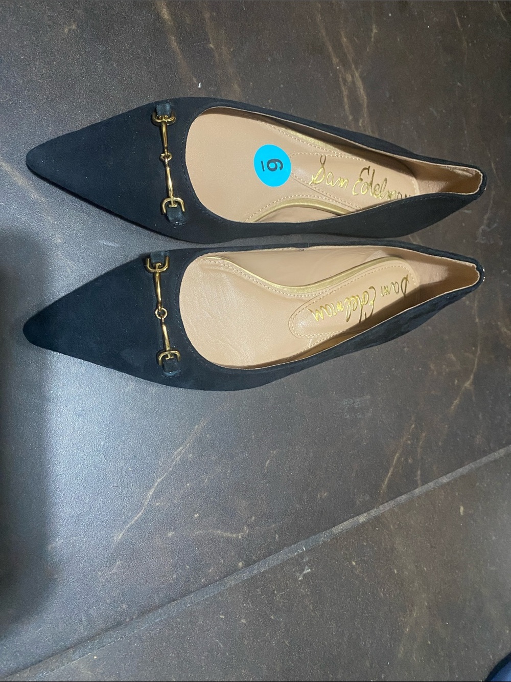 Sam Edelman Black Pointed Toe Flats with Gold Horsebit